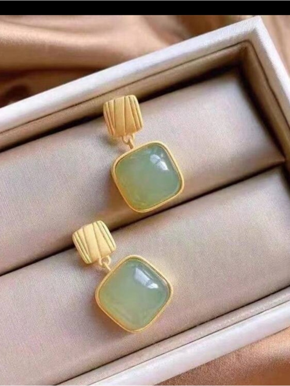Gold-Tone Olive Green Square Drop Earrings R 444